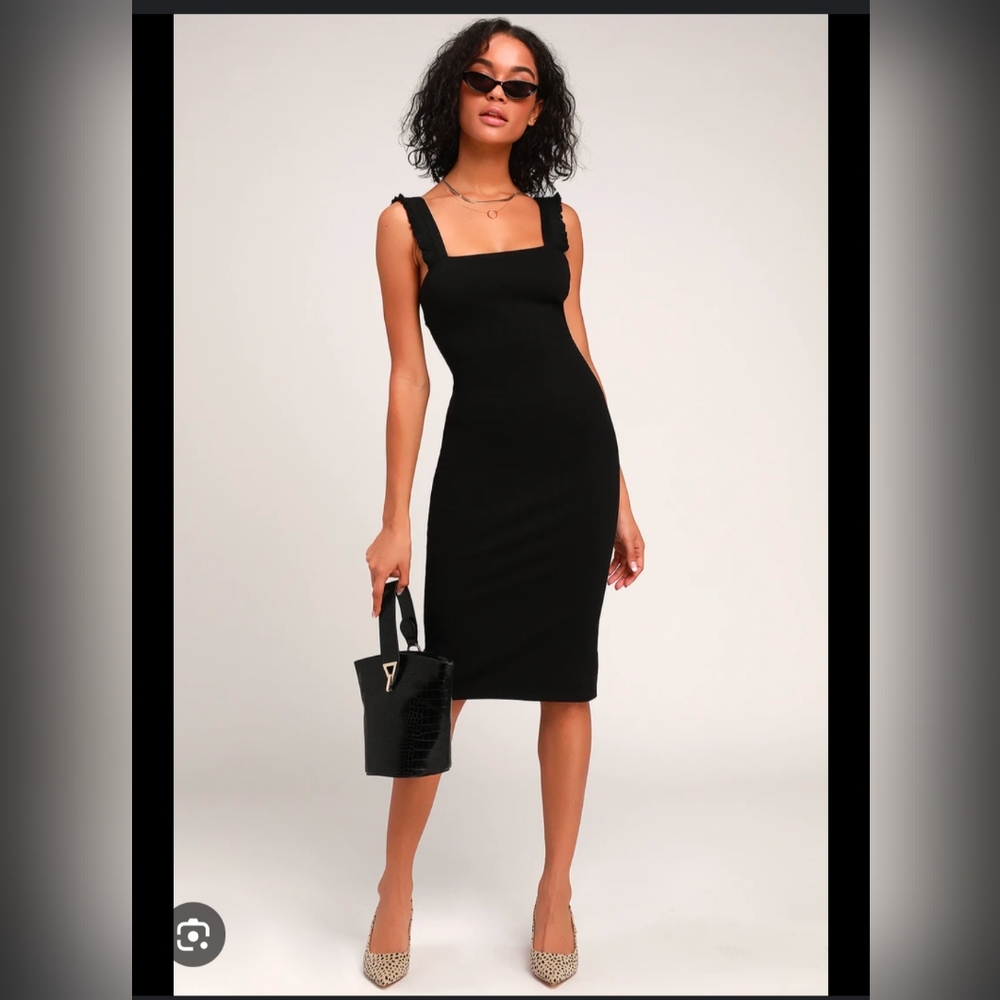 Lulus Persuasion Black Ruffled Bodycon Midi Dress